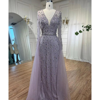 Lilac Long Sleeves Luxury Evening Dress 2024 - Elegant Diamond Mermaid Beaded Formal Dress, Dubai-inspired