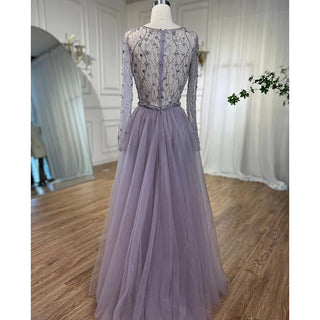 Lilac Long Sleeves Luxury Evening Dress 2024 - Elegant Diamond Mermaid Beaded Formal Dress, Dubai-inspired