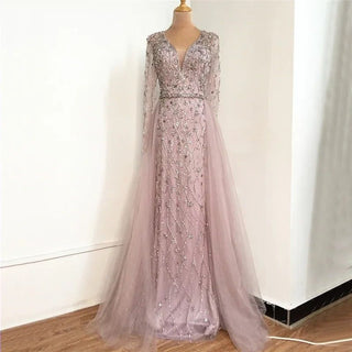 Lilac Long Sleeves Luxury Evening Dress 2024 - Elegant Diamond Mermaid Beaded Formal Dress, Dubai-inspired