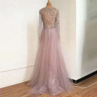 Lilac Long Sleeves Luxury Evening Dress 2024 - Elegant Diamond Mermaid Beaded Formal Dress, Dubai-inspired