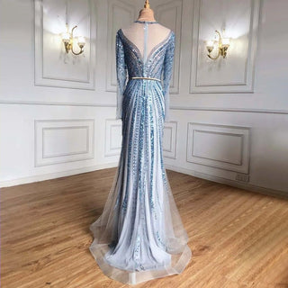 Ships in 1 to 3 Days - Blue Muslim Mermaid Elegant Evening Gown 2024 - Luxury Beaded Dress for Women's Party