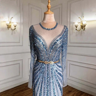 Ships in 1 to 3 Days - Blue Muslim Mermaid Elegant Evening Gown 2024 - Luxury Beaded Dress for Women's Party