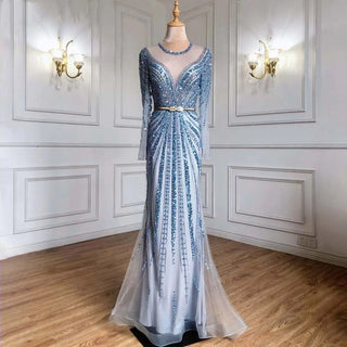 Ships in 1 to 3 Days - Blue Muslim Mermaid Elegant Evening Gown 2024 - Luxury Beaded Dress for Women's Party