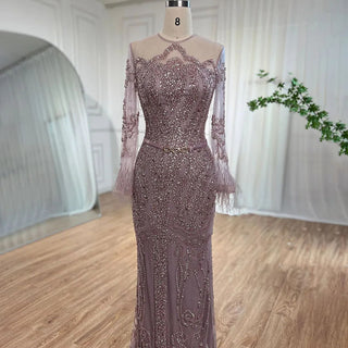 Elegant Blue Long Sleeve Feathers Beaded Evening Dress - Dubai Luxury Mermaid Gown for Women's Wedding Party 2024