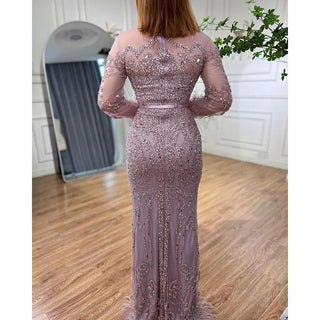 Elegant Blue Long Sleeve Feathers Beaded Evening Dress - Dubai Luxury Mermaid Gown for Women's Wedding Party 2024