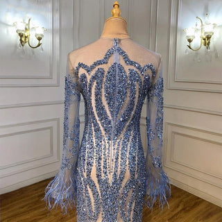 Elegant Blue Long Sleeve Feathers Beaded Evening Dress - Dubai Luxury Mermaid Gown for Women's Wedding Party 2024