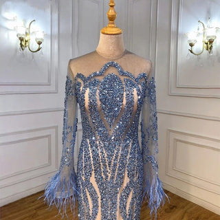 Elegant Blue Long Sleeve Feathers Beaded Evening Dress - Dubai Luxury Mermaid Gown for Women's Wedding Party 2024