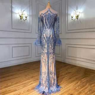 Elegant Blue Long Sleeve Feathers Beaded Evening Dress - Dubai Luxury Mermaid Gown for Women's Wedding Party 2024