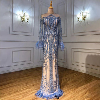 Elegant Blue Long Sleeve Feathers Beaded Evening Dress - Dubai Luxury Mermaid Gown for Women's Wedding Party 2024