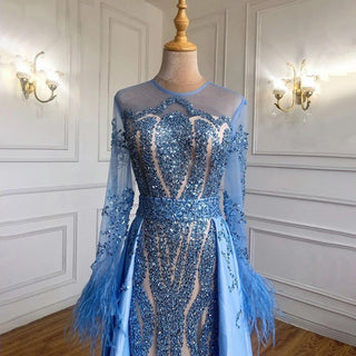 Elegant Blue Long Sleeve Feathers Beaded Evening Dress - Dubai Luxury Mermaid Gown for Women's Wedding Party 2024