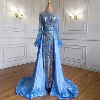 Elegant Blue Long Sleeve Feathers Beaded Evening Dress - Dubai Luxury Mermaid Gown for Women's Wedding Party 2024