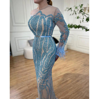 Elegant Blue Long Sleeve Feathers Beaded Evening Dress - Dubai Luxury Mermaid Gown for Women's Wedding Party 2024