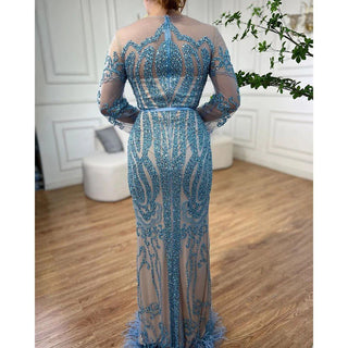 Elegant Blue Long Sleeve Feathers Beaded Evening Dress - Dubai Luxury Mermaid Gown for Women's Wedding Party 2024