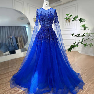 Dubai Gold Arabic Luxury Cape Sleeves Beaded Evening Dresses Formal Gowns 2024 For Women