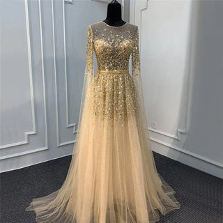 Dubai Gold Arabic Luxury Cape Sleeves Beaded Evening Dresses Formal Gowns 2024 For Women