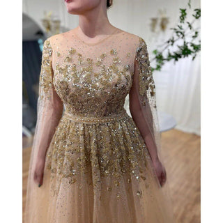 Dubai Gold Arabic Luxury Cape Sleeves Beaded Evening Dresses Formal Gowns 2024 For Women