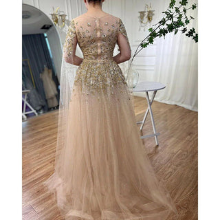 Dubai Gold Arabic Luxury Cape Sleeves Beaded Evening Dresses Formal Gowns 2024 For Women