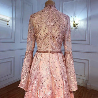 Muslim Pink A-Line Lace Luxury Beaded Evening Dress - High Neck Long Sleeves Gown for Women's Party 2024