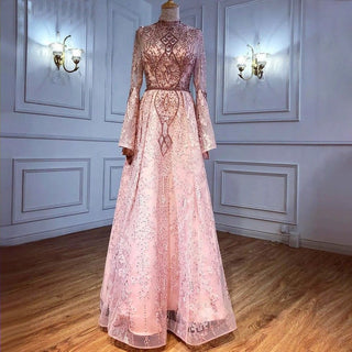 Muslim Pink A-Line Lace Luxury Beaded Evening Dress - High Neck Long Sleeves Gown for Women's Party 2024