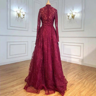 Muslim Pink A-Line Lace Luxury Beaded Evening Dress - High Neck Long Sleeves Gown for Women's Party 2024