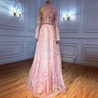 Muslim Pink A-Line Lace Luxury Beaded Evening Dress - High Neck Long Sleeves Gown for Women's Party 2024