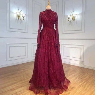 Muslim Pink A-Line Lace Luxury Beaded Evening Dress - High Neck Long Sleeves Gown for Women's Party 2024