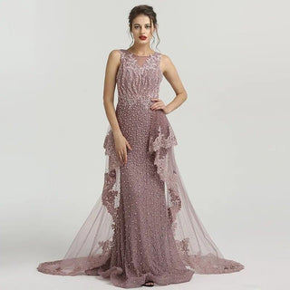 Luxury Pink Sleeveless Mermaid Evening Dress 2024 with Off-Shoulder Design and Pearl Embellishments