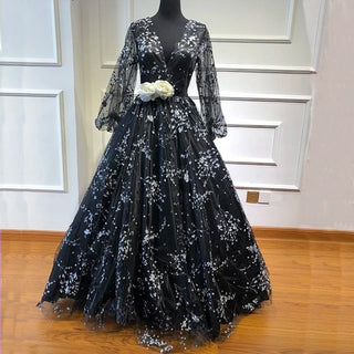 Long Sleeve V-Neck Evening Dress 2024 - Floral Tulle Formal Gown for Women