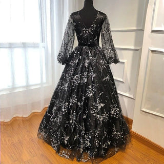 Long Sleeve V-Neck Evening Dress 2024 - Floral Tulle Formal Gown for Women