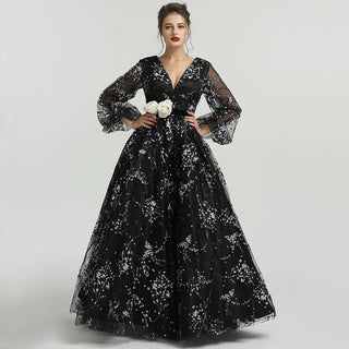 Long Sleeve V-Neck Evening Dress 2024 - Floral Tulle Formal Gown for Women