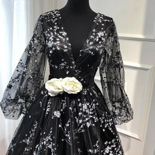 Long Sleeve V-Neck Evening Dress 2024 - Floral Tulle Formal Gown for Women