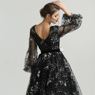 Long Sleeve V-Neck Evening Dress 2024 - Floral Tulle Formal Gown for Women