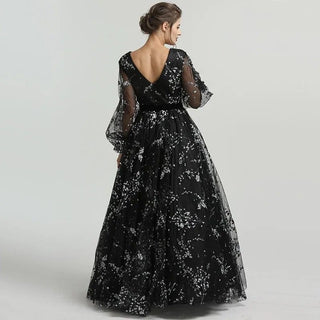 Long Sleeve V-Neck Evening Dress 2024 - Floral Tulle Formal Gown for Women