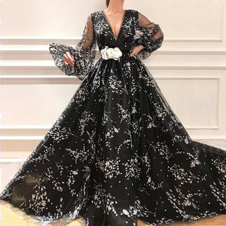 Long Sleeve V-Neck Evening Dress 2024 - Floral Tulle Formal Gown for Women