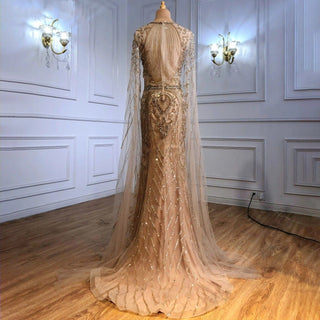 Elegant Gold Mermaid Evening Dress 2024 - Luxury with Cape Sleeves, Beaded Gown for Women's Party