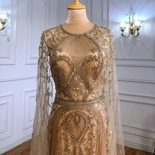 Elegant Gold Mermaid Evening Dress 2024 - Luxury with Cape Sleeves, Beaded Gown for Women's Party