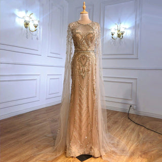 Elegant Gold Mermaid Evening Dress 2024 - Luxury with Cape Sleeves, Beaded Gown for Women's Party