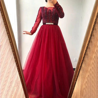 Wine Red A-Line Tulle Evening Dress - Long Sleeves with Crystal Embellishments, Luxury Formal Gown