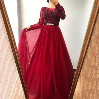 Wine Red A-Line Tulle Evening Dress - Long Sleeves with Crystal Embellishments, Luxury Formal Gown