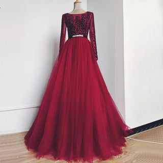 Wine Red A-Line Tulle Evening Dress - Long Sleeves with Crystal Embellishments, Luxury Formal Gown