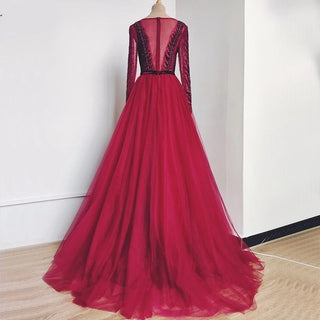 Wine Red A-Line Tulle Evening Dress - Long Sleeves with Crystal Embellishments, Luxury Formal Gown