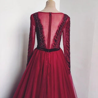 Wine Red A-Line Tulle Evening Dress - Long Sleeves with Crystal Embellishments, Luxury Formal Gown