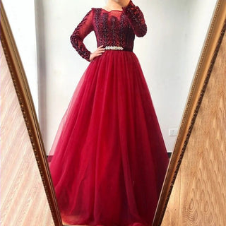 Wine Red A-Line Tulle Evening Dress - Long Sleeves with Crystal Embellishments, Luxury Formal Gown