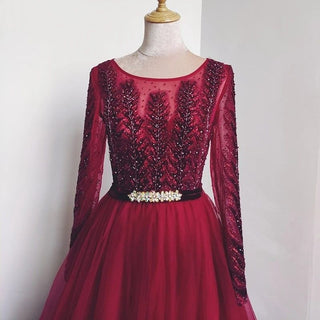 Wine Red A-Line Tulle Evening Dress - Long Sleeves with Crystal Embellishments, Luxury Formal Gown