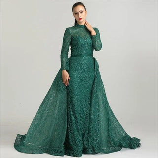 Fashion Mermaid Luxury Glitter Wine Red Evening Dress - Long Sleeves with Train, Elegant Evening Gown 2024