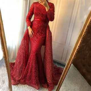 Fashion Mermaid Luxury Glitter Wine Red Evening Dress - Long Sleeves with Train, Elegant Evening Gown 2024