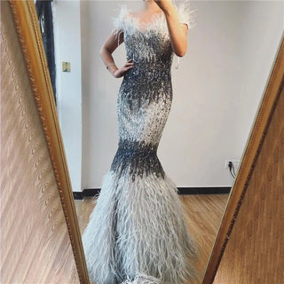 Ships in 1 to 3 Days - Arabic Grey Mermaid Elegant Evening Dress: 2024 Off Shoulder Luxury Beaded with Feathers for Women's Party