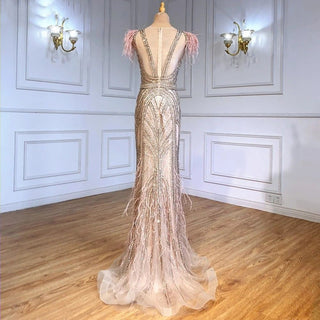 Elegant Luxury Nude Mermaid Evening Dress with Feather Beading - Party Gown for Women 2024