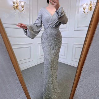 Grey Luxury Mermaid Evening Dress Gown: Elegant Beaded Lantern Sleeve for Women Party