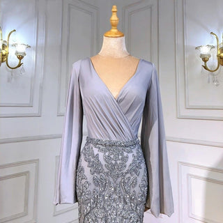 Grey Luxury Mermaid Evening Dress Gown: Elegant Beaded Lantern Sleeve for Women Party